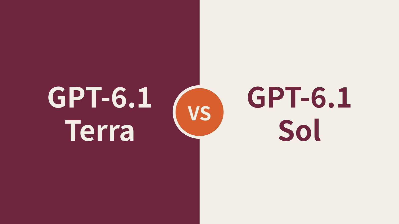 左右2分割に「GPT-6.1 Terra」「GPT-6.1 Sol」の文字と中央の「VS」（AIレビュー作成のオリジナル画像）