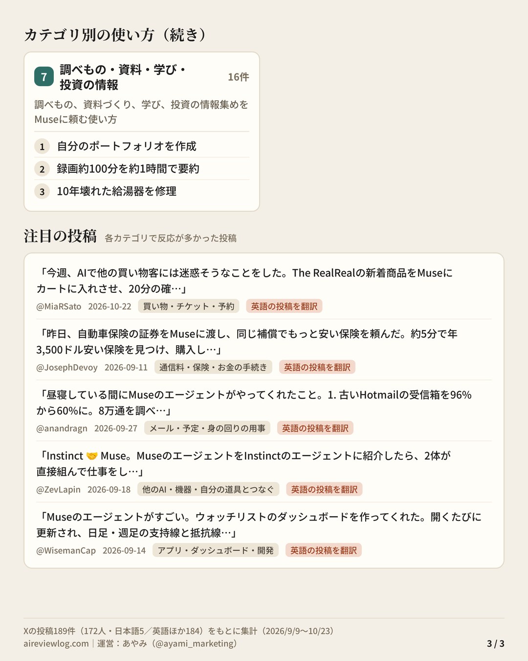 Museの使い方 まとめ（3/3）：カテゴリ別の使い方（調べもの・資料・学び・投資の情報）と、注目の投稿